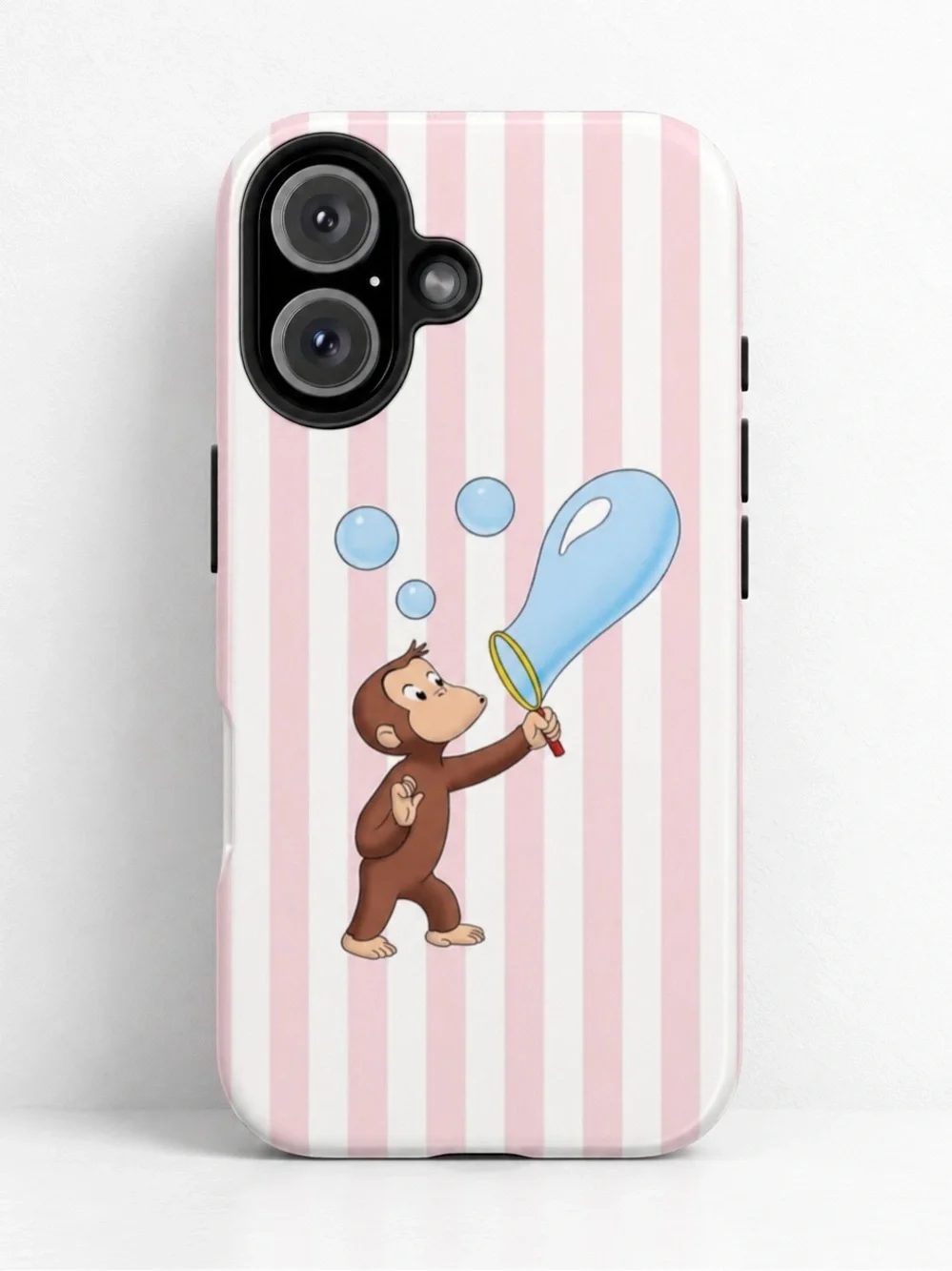 Curious George Bubbles Pink Striped Coquette Aesthetic Tough Phone Case